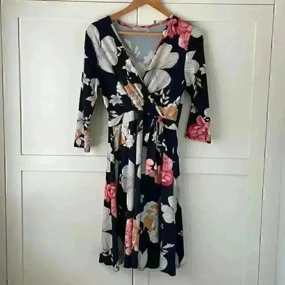 Floral Wrap Midi Dress in Navy and Pink
